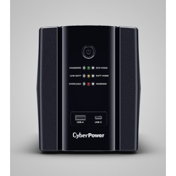 UPS CYBER POWER Line Int. cu sin. simulata, cu management, Tower, LED, 1500VA/900W, AVR, 4x Schuko, baterie 2x 12V/7Ah, incarcare pana la 8h, USB, incarcare USB-A/USB-C, 2x RJ45, tehn. GreenPower, 