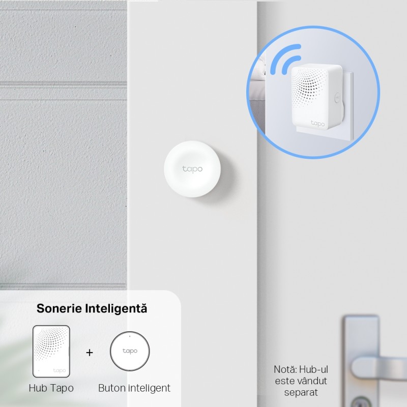 BUTON inteligent TP-LINK, necesita hub Tapo H100 pentru functionare, programare prin smartphone aplicatia Tapo, 1 x baterie CR2032, WiFi, alb 