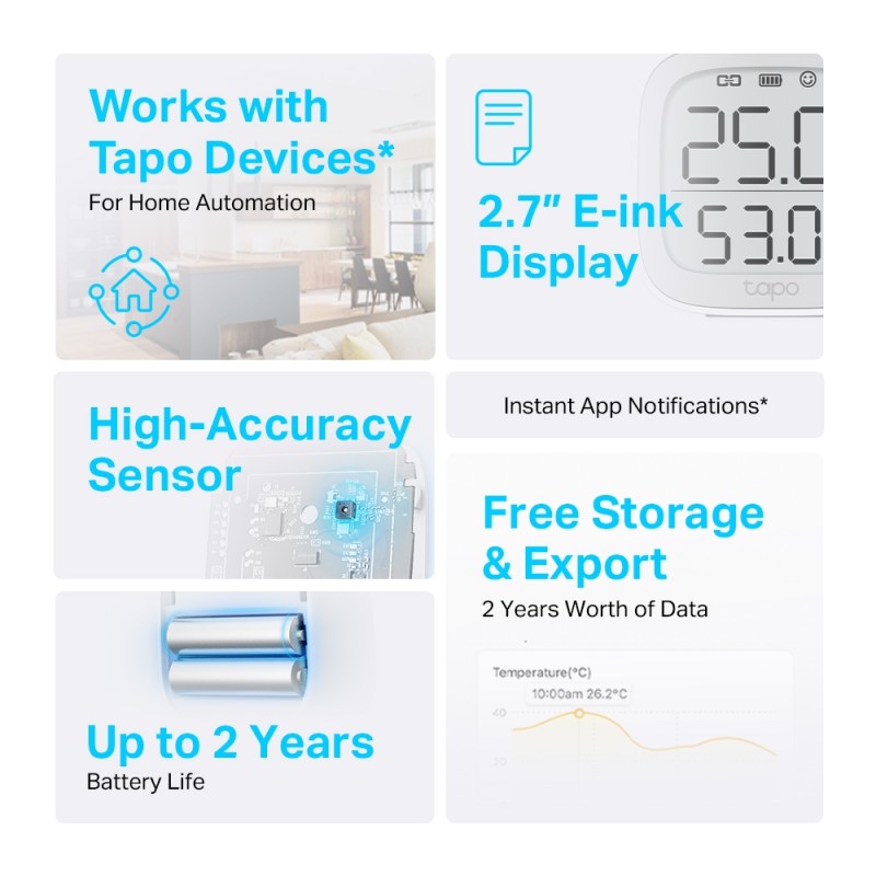 SENZOR SMART de temp si umiditate TP-LINK, necesita hub Tapo H100 ptr functionare,programare prin smartph aplic Tapo,display 2.7