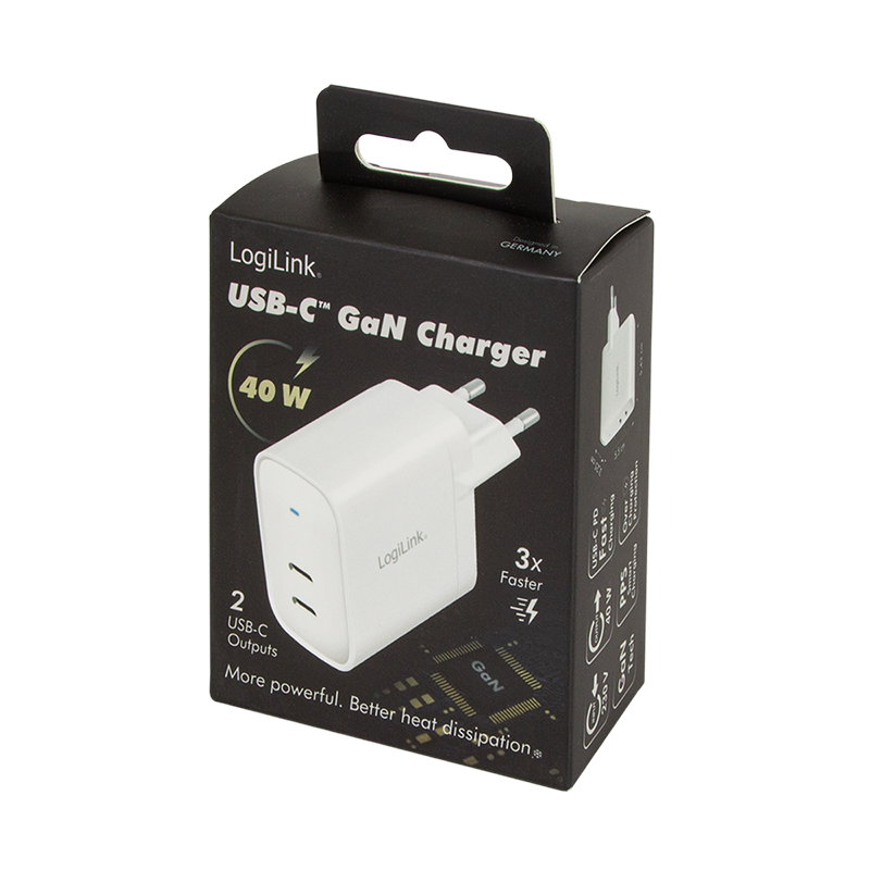 ALIMENTATOR retea 220V LOGILINK, universal, 2 x USB-C,  maxim 11V/1.8A, GaN 40W, suport OCP/OVP/OHP/SCP, alb, 
