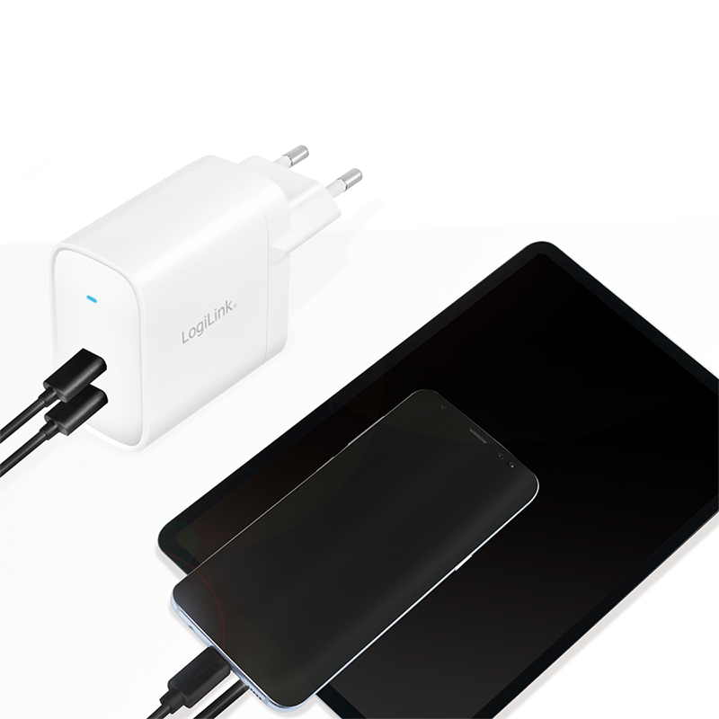 ALIMENTATOR retea 220V LOGILINK, universal, 2 x USB-C,  maxim 11V/1.8A, GaN 40W, suport OCP/OVP/OHP/SCP, alb, 