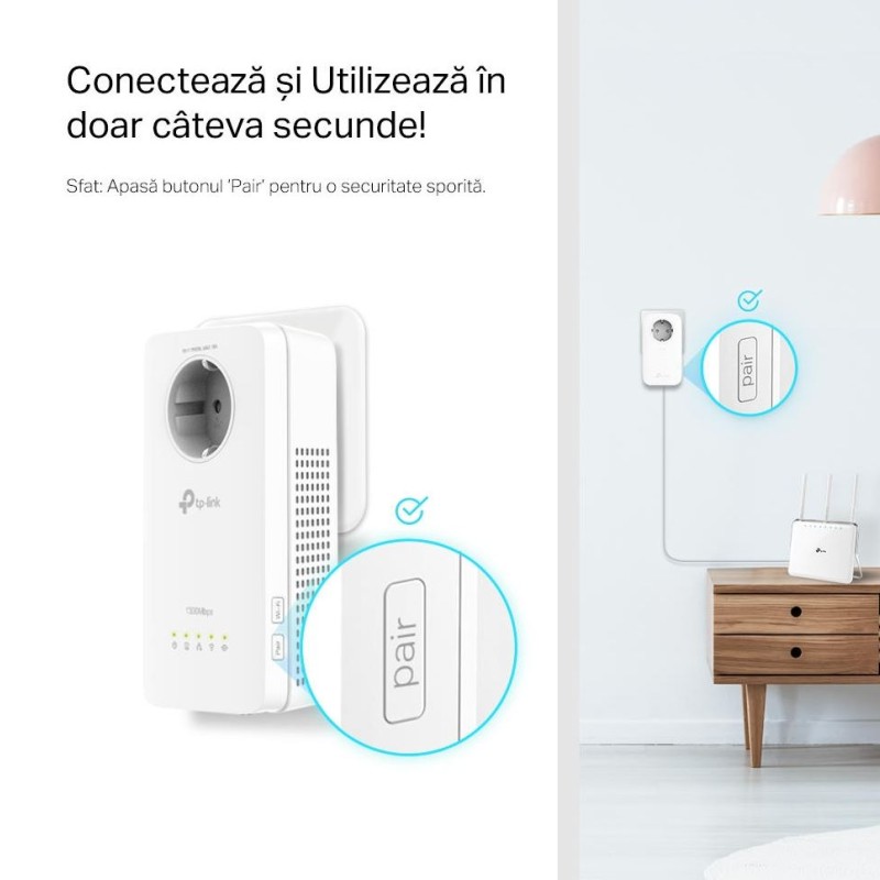 KIT Amplificator Powerline TP-Link 1300Mbps, 3 x Gigabit LAN, 1 x Sucko, Dual Band AC1200,  