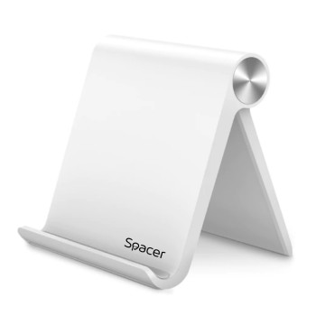 SUPORT telefon SPACER, pliabil, fixare pe birou, universal cu unghi ajustabil, dimensiuni 90 x 70 x 12mm, Alb, 