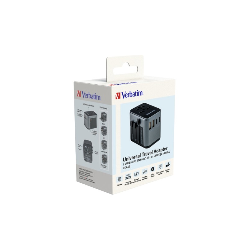 Adaptor universal Verbatim UTA-03, 6-in-1Priza cu USB-C PD si QC, 2 x USB-C, 2 x USB-A 