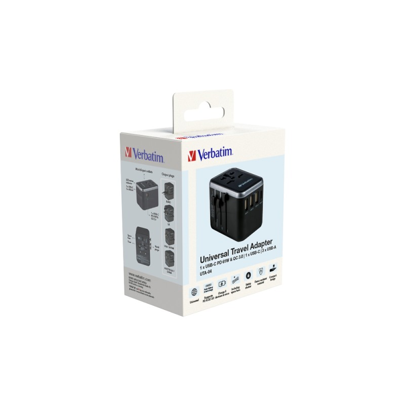 Adaptor universal Verbatim UTA-04, 6-in-1Priza cu USB-C PD si QC, USB-C, 3 x USB-A 