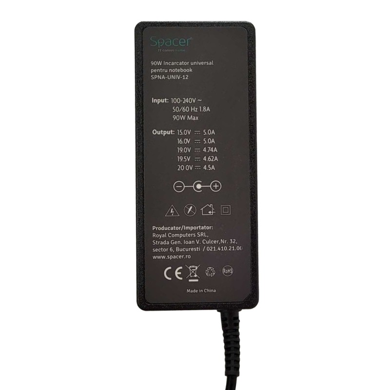 ALIMENTATOR Notebook Universal AC-DC, SPACER, 90W comutare automata tensiune - compatibil cu majoritatea NB, 12 tipuri de mufe, DC15/16/19/19.5/20V, 