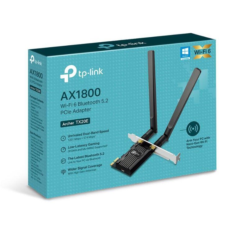 ADAPTOR RETEA TP-LINK AX1800, extern wireless 2.4 GHz | 5 GHz, PCI-E port, 1800 Mbps, WI-FI 6 si Bluetooth 5.2, antena externa x 2, 