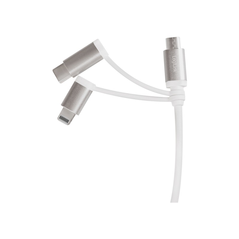 CABLU alimentare si date LOGILINK, telefon, 3 + 1, USB 2.0 (T) la Lightning (T) + Micro-USB 2.0 (T) + USB 2.0 Type-C (T), 1m, argintiu, 