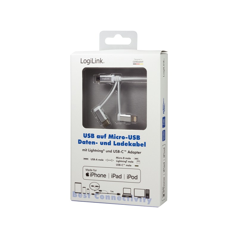 CABLU alimentare si date LOGILINK, telefon, 3 + 1, USB 2.0 (T) la Lightning (T) + Micro-USB 2.0 (T) + USB 2.0 Type-C (T), 1m, argintiu, 