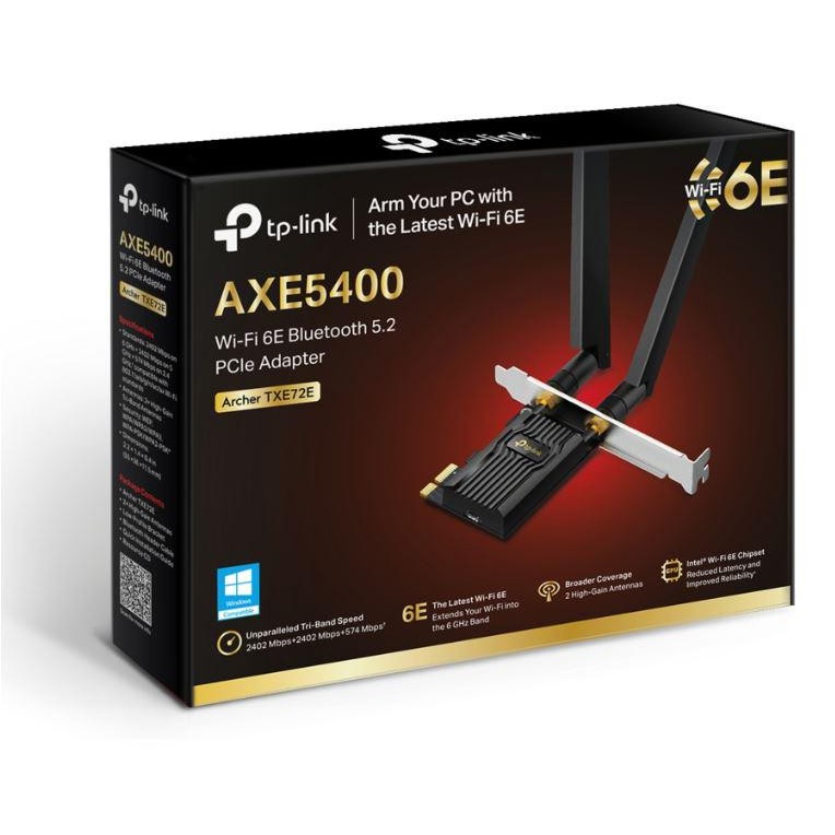 ADAPTOR RETEA TP-LINK AXE5400, extern wireless 2.4 GHz | 5 GHz | 6 Ghz, PCI-E port, 5400 Mbps, WI-FI 6E si Bluetooth 5.3, antena externa x 2, 