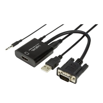 CABLU video LOGILINK,adaptor VGA(T)+Jack 3.5mm(T) la HDMI(M),15cm,rezolutie Full HD(1920x1080)60Hz,conecteaza placa video cu VGA la monitor HDMI,cablu power USB,negru, 