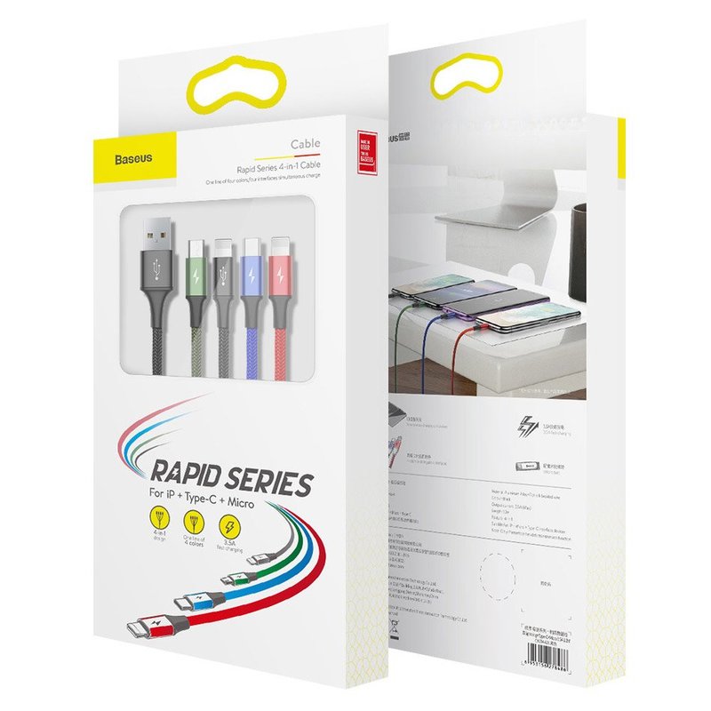 CABLU alimentare si date Baseus, Fast Charging Data Cable pt. smartphone, 4 in 1, USB la 2 x USB-C /1 x Lightning / 1 x microUSB, 1.2m, braided, negru 