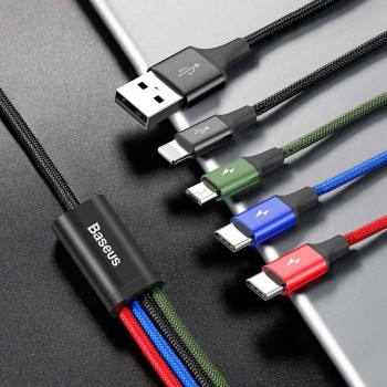 CABLU alimentare si date Baseus, Fast Charging Data Cable pt. smartphone, 4 in 1, USB la 2 x USB-C /1 x Lightning / 1 x microUSB, 1.2m, braided, negru 