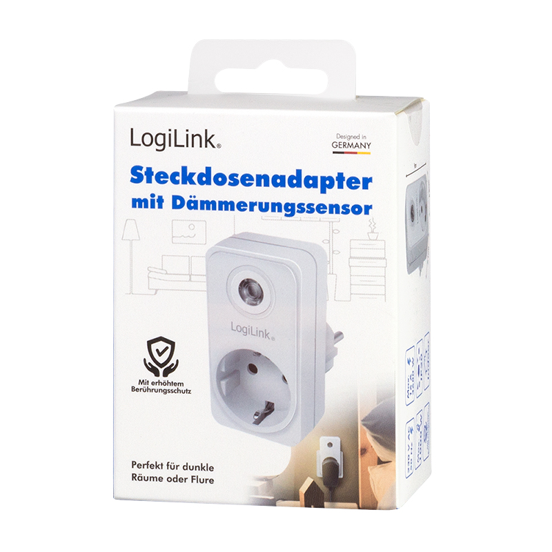 ADAPTOR LOGILINK, senzor lumina zi/noapte, indicator LED, Schuko x 1, IP20,  230 V/16 A, 50 Hz, max. 3600 W (max 1000 W pentru lampa halogen), alb 