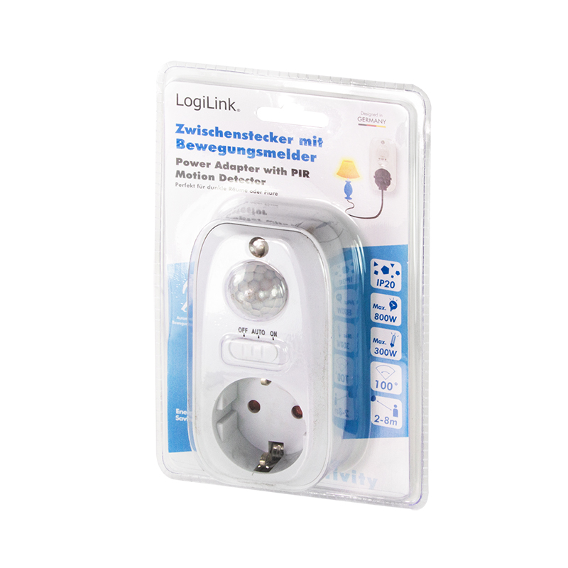 ADAPTOR LOGILINK, Schuko x 1, senzor miscare PIR, detector zi/noapte, IP20, 230 V/16A 50Hz max. 800W (bec luminos) sau max. 300W (LED), alb 