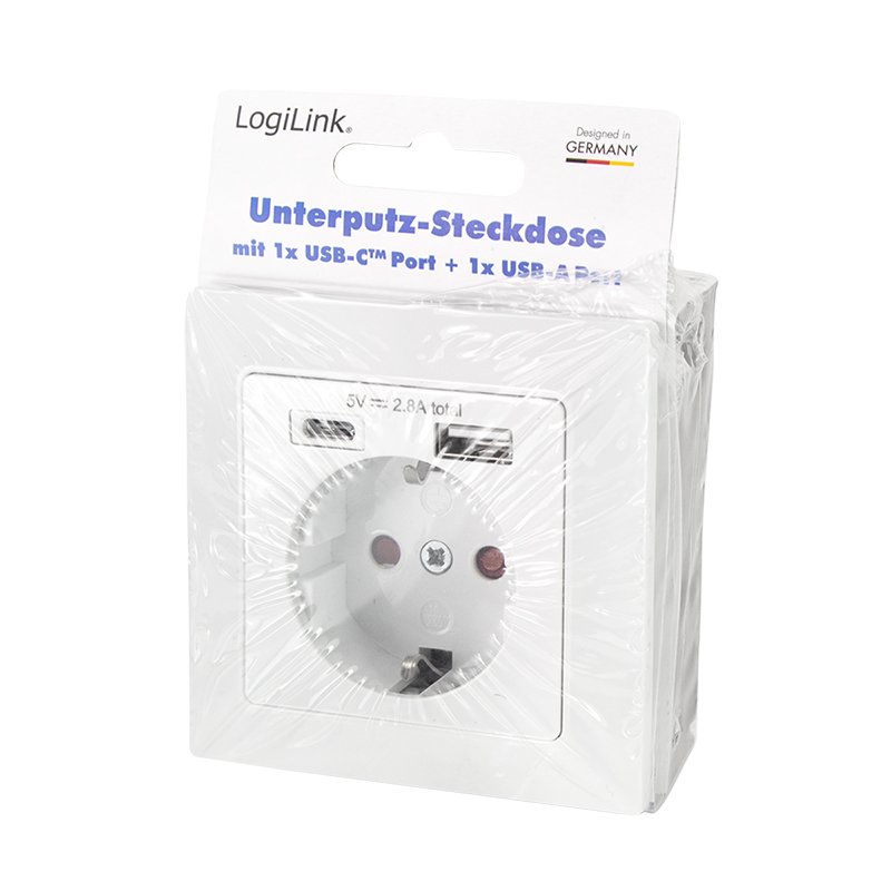 PRIZA LOGILINK, pentru perete, Schuko x 1, USB x1 / USB-C x 1 5 V/2.8 A max, 230 V AC, 50 Hz, alb 