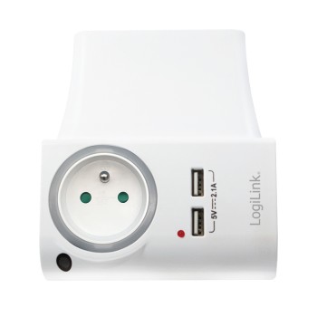 ADAPTOR LOGILINK, Socket tip E x 1, USB x 2 5V/2.1A, 230V, 50 Hz, max. 16A, IP20, suport telefon/tableta, iluminare LED, alb 