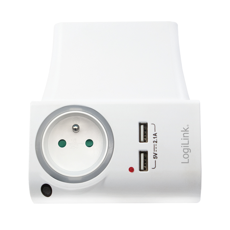ADAPTOR LOGILINK, Socket tip E x 1, USB x 2 5V/2.1A, 230V, 50 Hz, max. 16A, IP20, suport telefon/tableta, iluminare LED, alb 