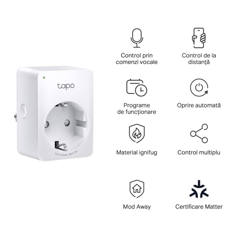 PRIZA inteligenta TP-LINK, certificare matter, Schuko x 1, conectare prin Schuko (T), 10 A, programare prin smartphone, Bluetooth, WiFi, alb 