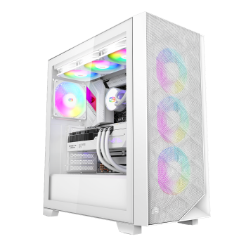 CARCASA PCCOOLER, Middle Tower, ATX, fara sursa, sticla securizata, 3 ventilatoare incluse, iluminare ARGB, alb, USB 3.2 gen 2 x 2, mic, audio, 