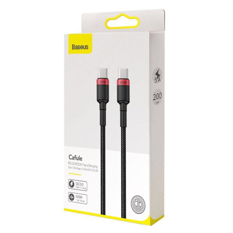 CABLU alimentare si date Baseus Cafule, Fast Charging Data Cable pt. smartphone, USB Type-C la USB Type-C PD2.0, 100W, braided, 2m, rosu + negru 