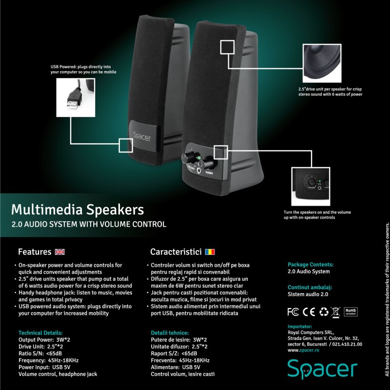 BOXE SPACER 2.0, RMS:  6W (2 x 3W), control volum, mufa casti, USB power, black, 