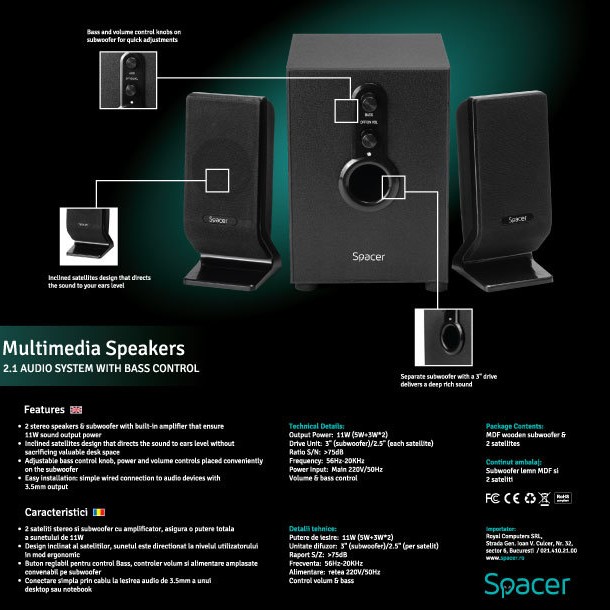 BOXE SPACER 2.1, RMS: 11W (2 x 3W + 5W), control volum, bass, 220V alimentare, black, 