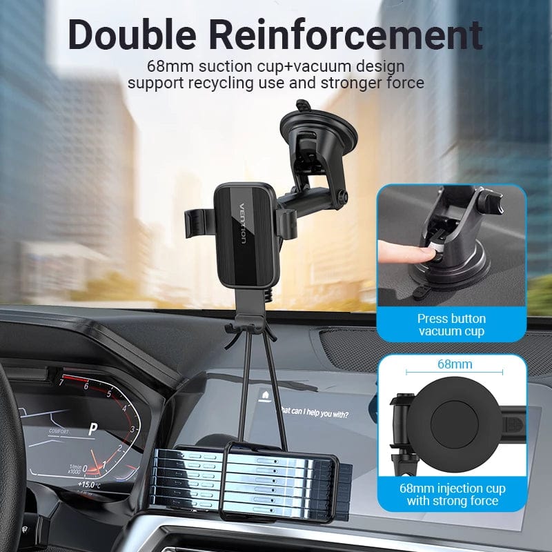 Suport AUTO Vention pt SmartPhone, fixare parbriz sau bord prin ventuza, unghi reglabil, device compatibil 4.7-7.2inch, negru, 