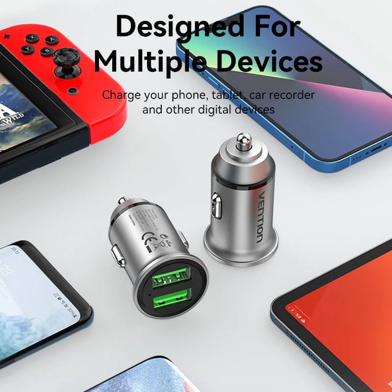 Alimentator SmartPhone Auto Vention, 18W, 2 x USB-A(M), Quick charge, gri, 
