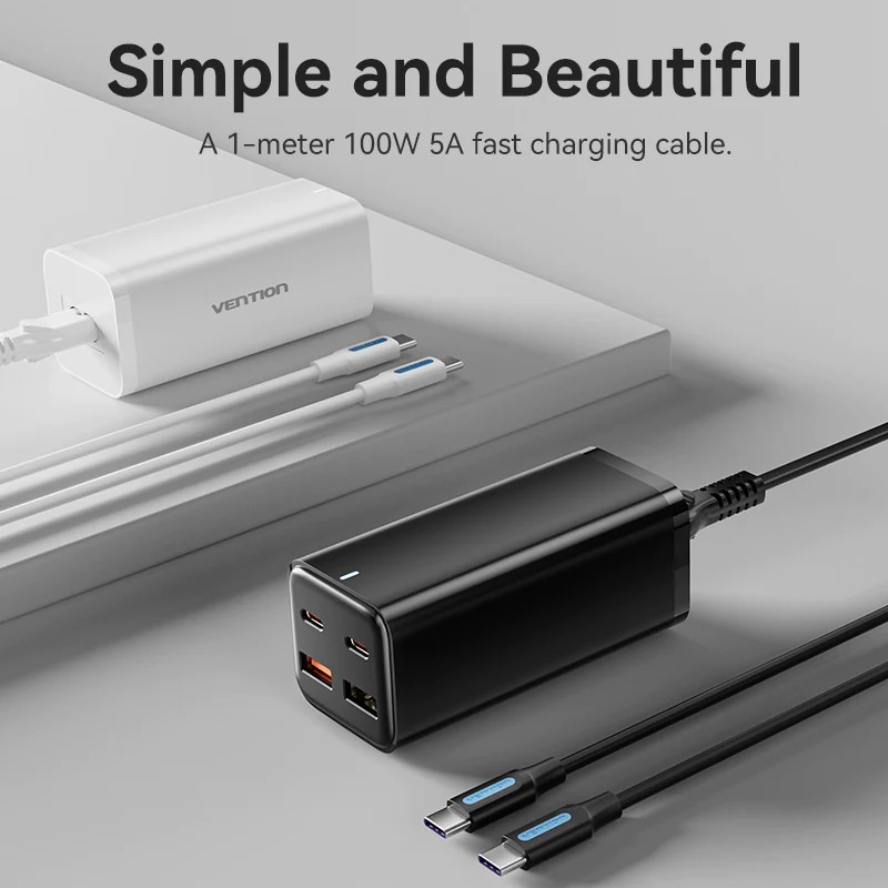 Alimentator retea Vention, 2 x USB-C (100W/100W), 2 x USB-A (18W/18W), GaN, PD, QC, Cablu alimentare 1.5m built-in, Cablu USB-C 1m inclus, negru, 