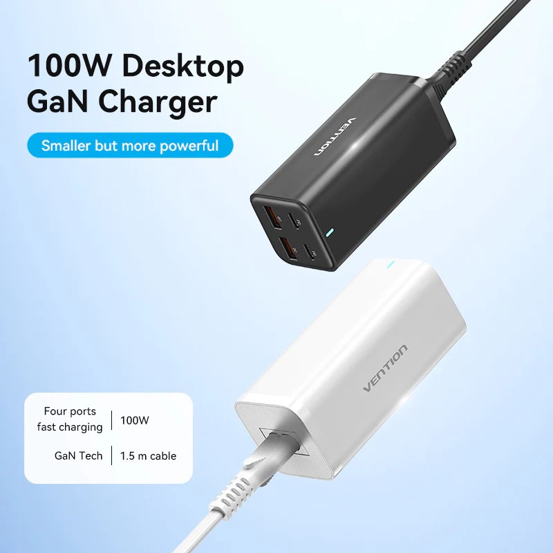 Alimentator retea Vention, 2 x USB-C (100W/100W), 2 x USB-A (18W/18W), GaN, PD, QC, Cablu alimentare 1.5m built-in, Cablu USB-C 1m inclus, negru, 