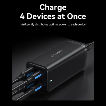 Alimentator retea Vention, 2 x USB-C (100W/100W), 2 x USB-A (18W/18W), GaN, PD, QC, Cablu alimentare 1.5m built-in, Cablu USB-C 1m inclus, negru, 