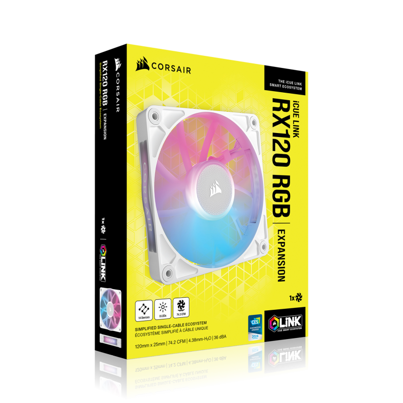VENTILATOR Corsair iCUE LINK RX120 RGB ALB, viteza 0.400-2100 RPM +/- 10%, 10.5-74.2 CFM, Presiune Statica: 0.12-4.38 mm-H2O, 10-36dBA, Prindere magnetica, Lungime cablu 135mm 