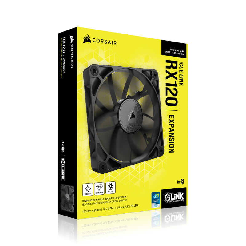 VENTILATOR Corsair iCUE LINK RX120 1x120mm NEGRU, viteza 0.400-2100 RPM +/- 10%, 10.5-74.2 CFM, Presiune Statica: 0.12-4.38 mm-H2O, 10-36dBA, Prindere magnetica, Lungime cablu 135mm 