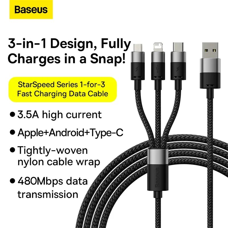 CABLU alimentare si date Baseus StarSpeed 1-for-3, pt. smartphone, USB la Micro-USB + Lightning Iphone + USB Type-C, 1.2m, negru 