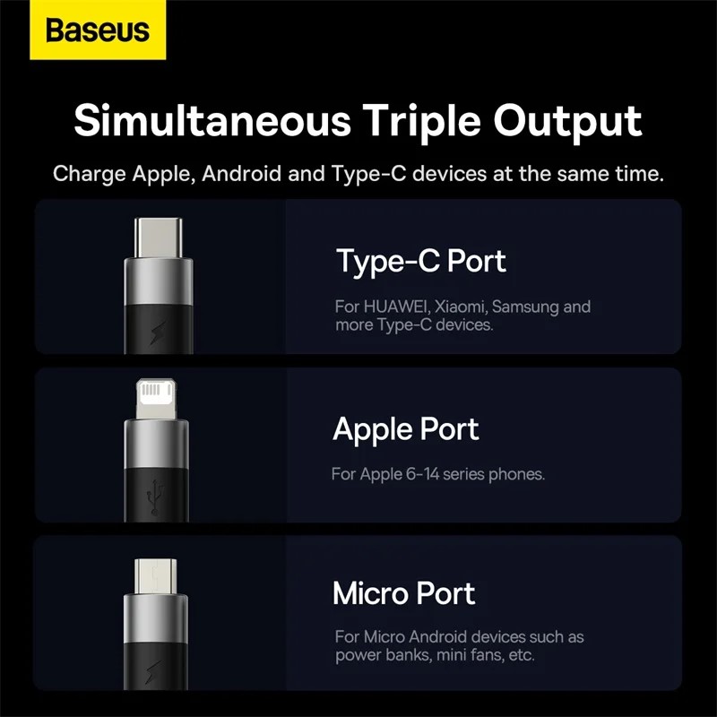 CABLU alimentare si date Baseus StarSpeed 1-for-3, pt. smartphone, USB la Micro-USB + Lightning Iphone + USB Type-C, 1.2m, negru 