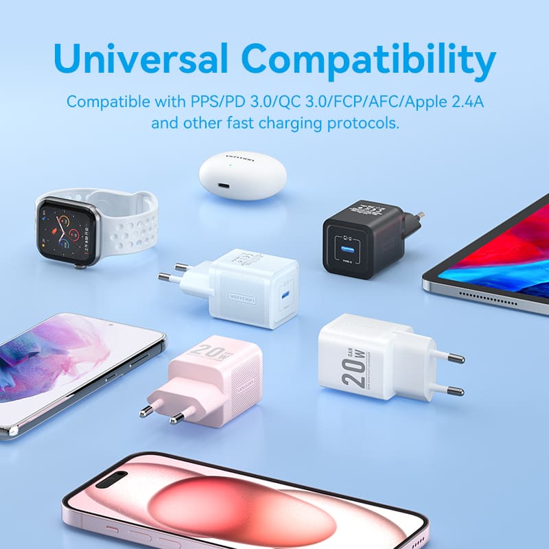Alimentator retea Vention 20W, 1 x USB Type-C, 5V/3A, QC 3.0, roz, 