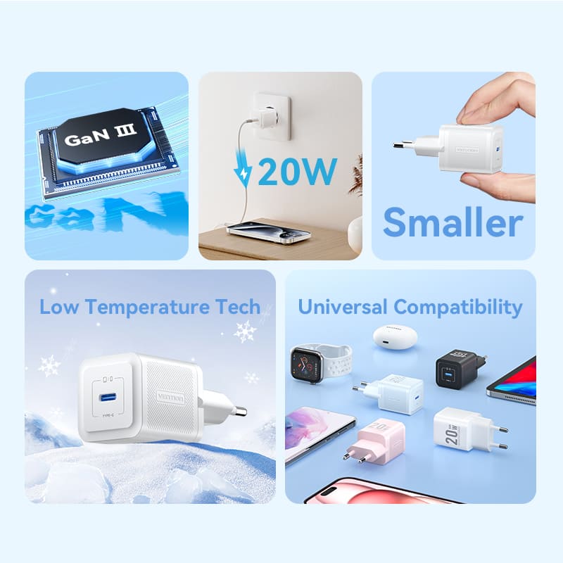 Alimentator retea Vention 20W, 1 x USB Type-C, 5V/3A, QC 3.0, roz, 