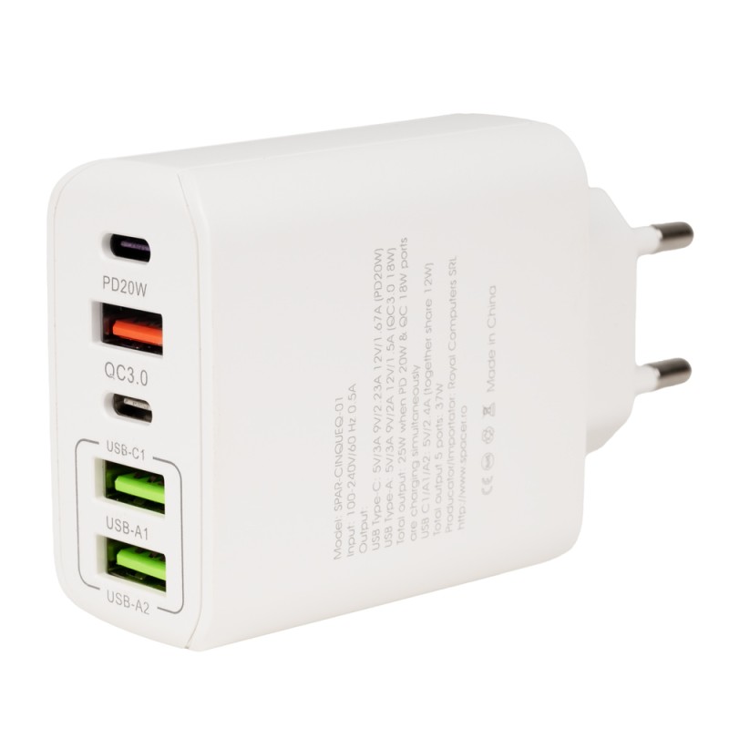 ALIMENTATOR retea SPACER Quick Charge 37W, 1 x USB Type-C 20W + 1 x USB QC 3.0 18W, 2 x USB 2.4A + 1 x USB Type-C 2.4A 