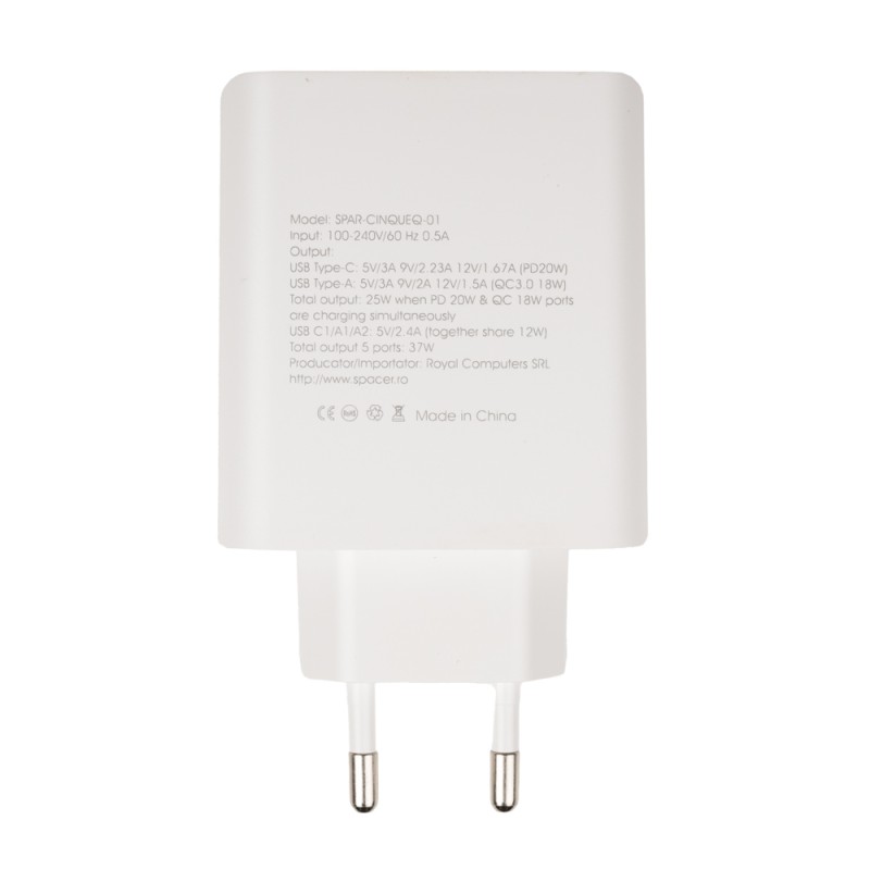 ALIMENTATOR retea SPACER Quick Charge 37W, 1 x USB Type-C 20W + 1 x USB QC 3.0 18W, 2 x USB 2.4A + 1 x USB Type-C 2.4A 