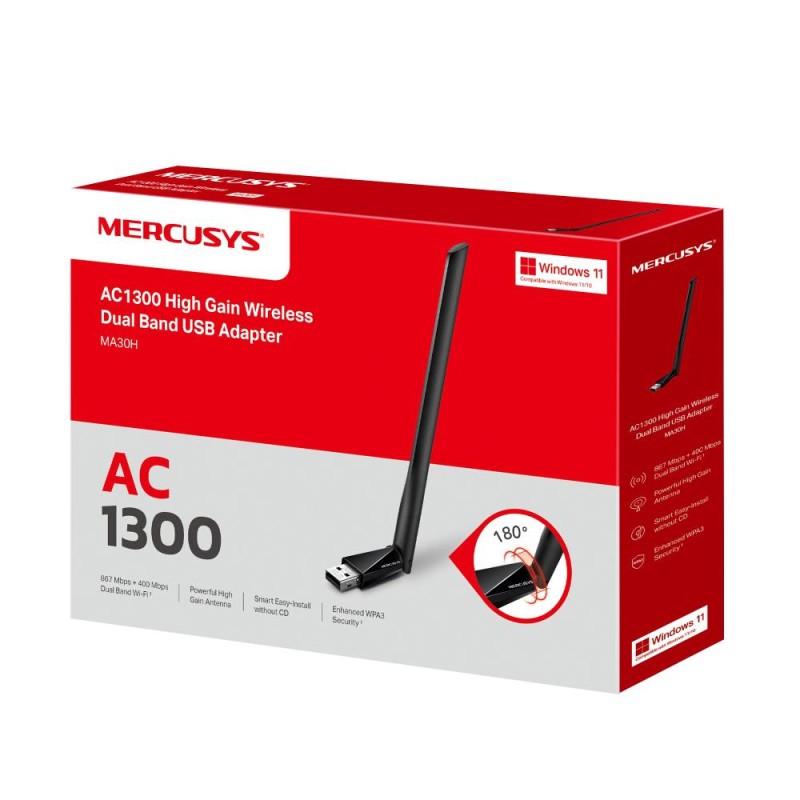 ADAPTOR RETEA MERCUSYS, AC1300 extern wireless 2.4 GHz | 5 GHz, USB 2.0, 1300 Mbps, antena externa x 1, 