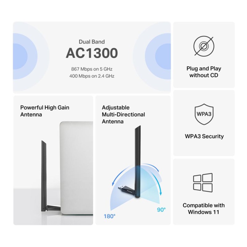 ADAPTOR RETEA MERCUSYS, AC1300 extern wireless 2.4 GHz | 5 GHz, USB 2.0, 1300 Mbps, antena externa x 1, 