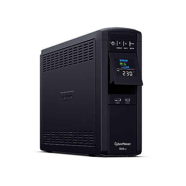UPS CYBER POWER Line Int. cu sin. pura, cu management, Tower, LCD, 1350VA/810W, AVR, 6x Schuko, baterie 2x 12V/7Ah, incarcare pana la 8h, USB, incarcare USB-A/USB-C, 2x RJ45, RS232, slot SNMP, APFC, GreenPower, 