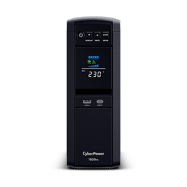 UPS CYBER POWER Line Int. cu sin. pura, cu management, Tower, LCD, 1600VA/1000W, AVR, 6x Schuko, baterie 2x 12V/9Ah, incarcare pana la 8h, USB, incarcare USB-A/USB-C, 2x RJ45, RS232, slot SNMP, APFC, GreenPower, 