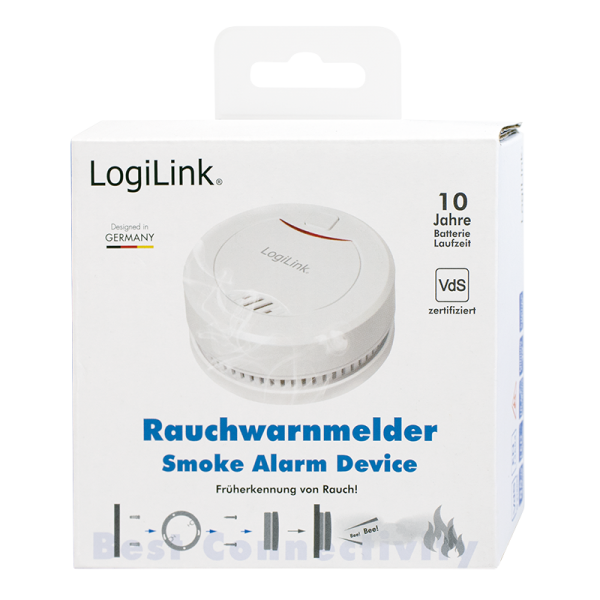 DETECTOR de fum LOGILINK, montare tavan/ perete, alarma 85 dB, buton test, baterie 3V, VdS, alb 