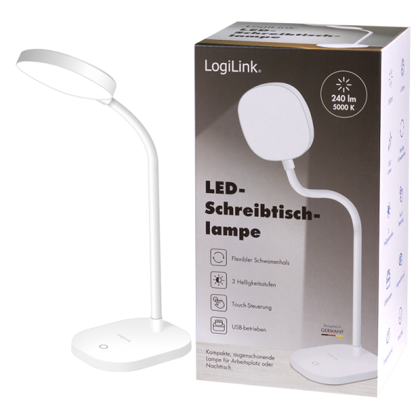 LAMPA LED Logilink, pt. birou, 5000 K, 240 lm, 360 grade, gat flexibil, 16 x LED 4W, IP20, alimentare USB-C, alb, 