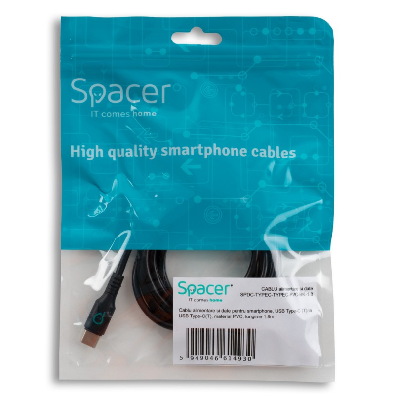 CABLU alimentare si date SPACER, pt. smartphone, USB Type-C (T) la USB Type-C(T), PVC, ambalaj punga, 1.8m, negru 