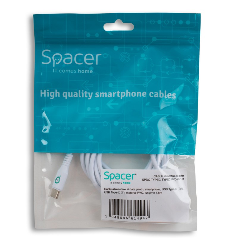 CABLU alimentare si date SPACER, pt. smartphone, USB Type-C (T) la USB Type-C(T), PVC, ambalaj punga, 1.8m, alb 