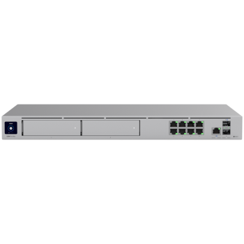 Ubiquiti rack-mount Cloud Gateway with 10 Gbps perfor multi-WAN load balancing, and two NVR drive bays designed for large-scale, multi-application UniFi sites 