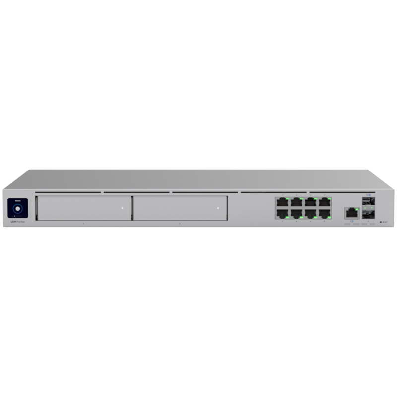 Ubiquiti rack-mount Cloud Gateway with 10 Gbps perfor multi-WAN load balancing, and two NVR drive bays designed for large-scale, multi-application UniFi sites 